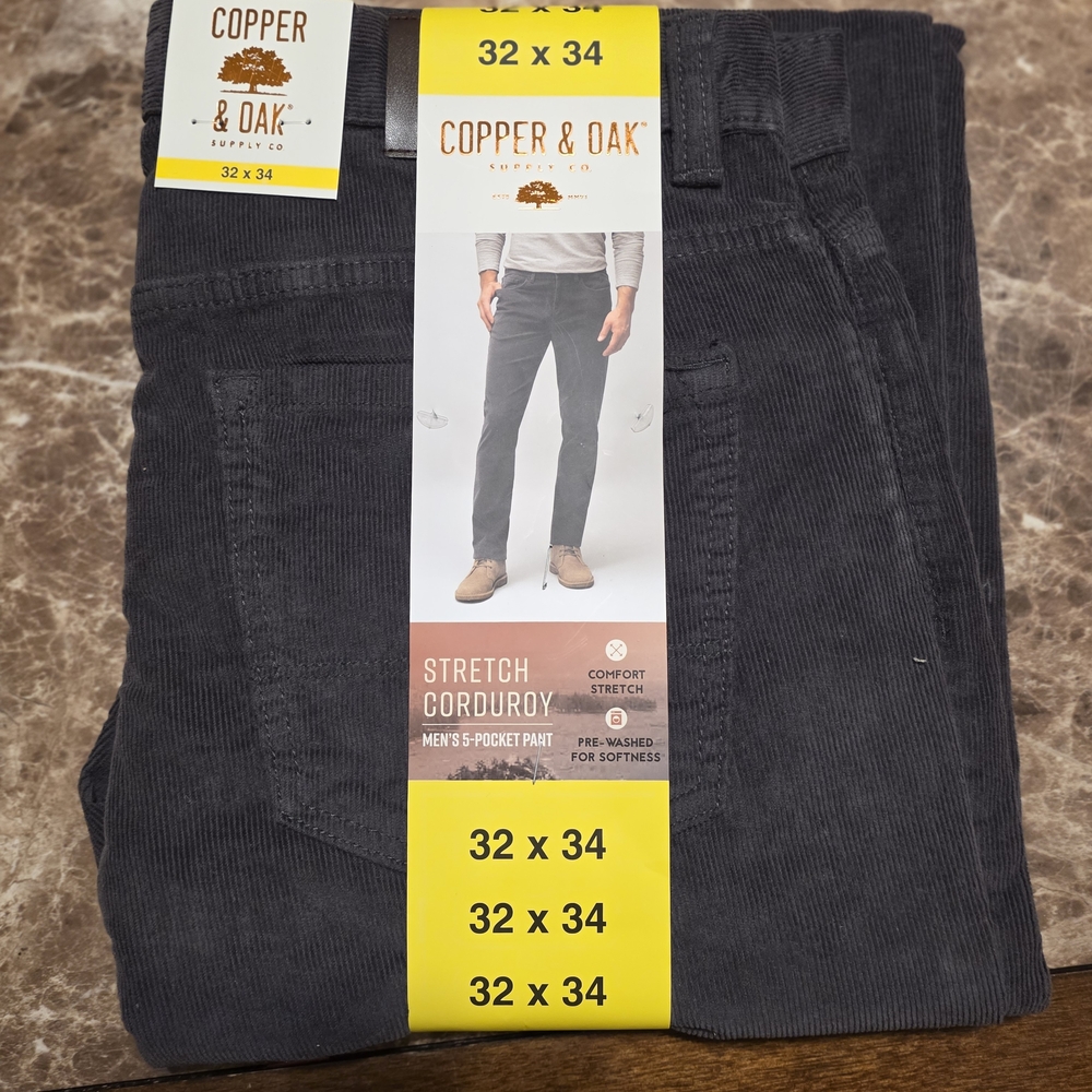 Copper & Oak men's 5-pocket stretch corduroy pants in gray.